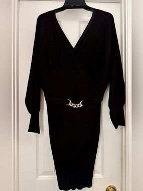 Black Rosie Harlow Ribbed Wrap Dress with Gold Chain Detail